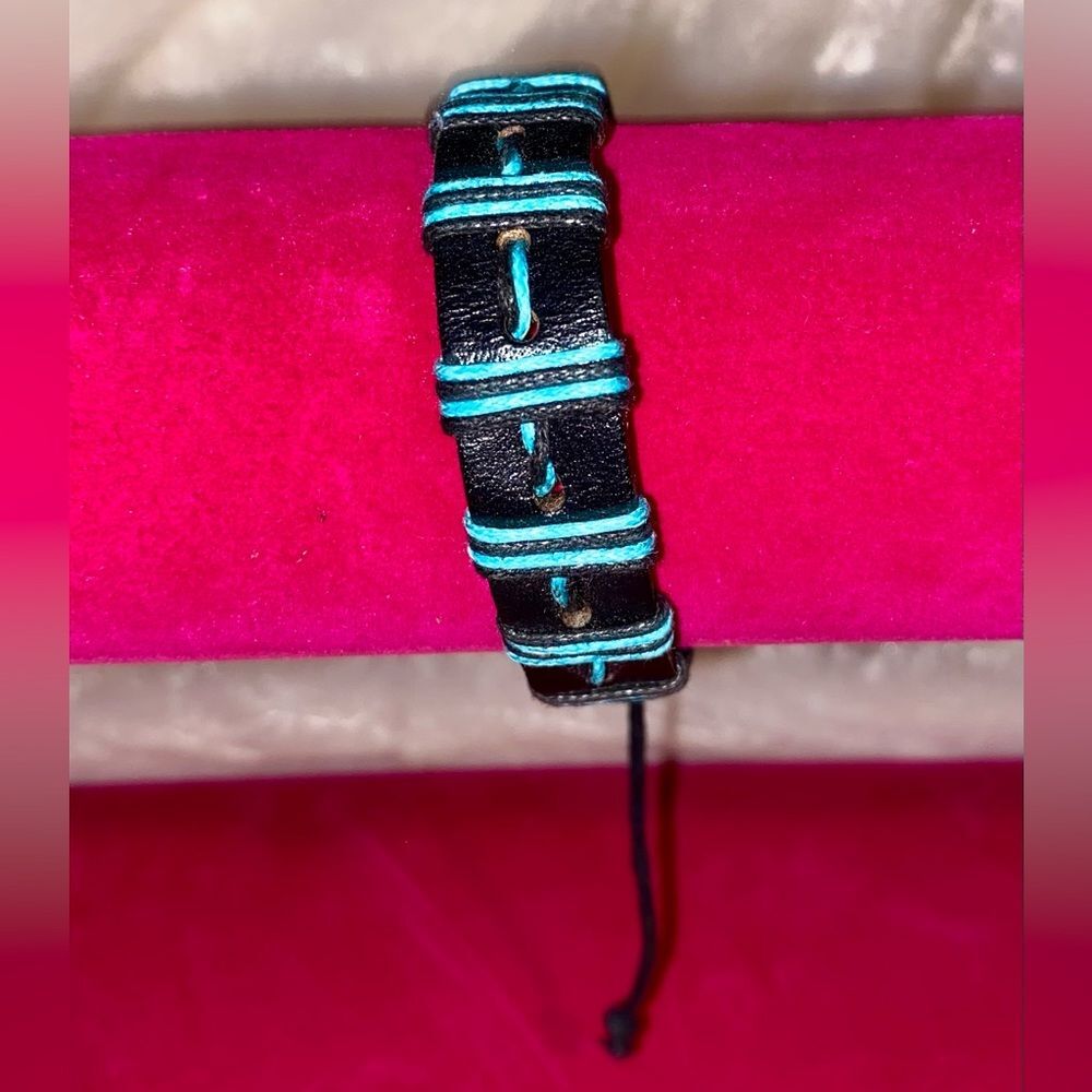 Black Leather and Blue Cord Vintage Bracelet
